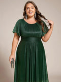A-Line Glitter Short Sleeves Pleated Scoop Neck Wedding Guest Dress