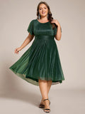 Glitter A-Line Pleated Short Sleeves Scoop knee Length Formal Dress