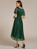 A-Line Glitter Short Sleeves Pleated Scoop Neck Wedding Guest Dress