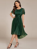 Glitter A-Line Pleated Short Sleeves Scoop knee Length Formal Dress