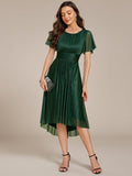 A-Line Glitter Short Sleeves Pleated Scoop Neck Wedding Guest Dress