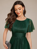 A-Line Glitter Short Sleeves Pleated Scoop Neck Wedding Guest Dress