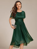 Glitter A-Line Pleated Short Sleeves Scoop knee Length Formal Dress