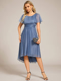 Glitter A-Line Pleated Short Sleeves Scoop knee Length Formal Dress