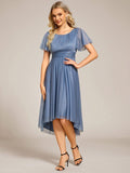 A-Line Glitter Short Sleeves Pleated Scoop Neck Wedding Guest Dress