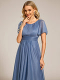 A-Line Glitter Short Sleeves Pleated Scoop Neck Wedding Guest Dress
