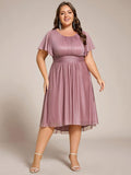 A-Line Glitter Short Sleeves Pleated Scoop Neck Wedding Guest Dress