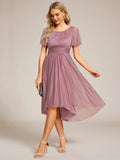 A-Line Glitter Short Sleeves Pleated Scoop Neck Wedding Guest Dress