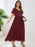 Elegant V-Neck Empire-Waist Sequin A-Line Short Sleeves Chiffon Formal Dress