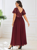 A-Line V-Neck Pleated Chiffon Appliques Short Sleeves Mother of the Bride Dress