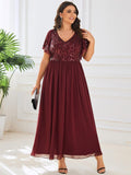 Plus Size A-Line V-Neck Short Sleeve Pleated Sequin Mother of the Bride Dress