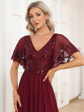 Elegant V-Neck Empire-Waist Sequin A-Line Short Sleeves Chiffon Formal Dress
