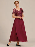 A-Line V-Neck Pleated Chiffon Appliques Short Sleeves Mother of the Bride Dress