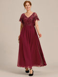 A-Line V-Neck Pleated Chiffon Appliques Short Sleeves Mother of the Bride Dress