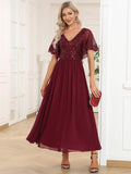 Elegant V-Neck Empire-Waist Sequin A-Line Short Sleeves Chiffon Formal Dress