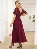 Elegant V-Neck Empire-Waist Sequin A-Line Short Sleeves Chiffon Formal Dress