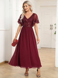 Elegant V-Neck Empire-Waist Sequin A-Line Short Sleeves Chiffon Formal Dress