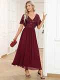 Elegant V-Neck Empire-Waist Sequin A-Line Short Sleeves Chiffon Formal Dress
