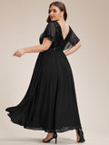 Plus Size A-Line V-Neck Short Sleeve Pleated Sequin Mother of the Bride Dress