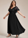 Elegant V-Neck Empire-Waist Sequin A-Line Short Sleeves Chiffon Formal Dress