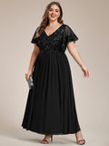 Plus Size A-Line V-Neck Short Sleeve Pleated Sequin Mother of the Bride Dress