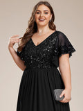 A-Line V-Neck Pleated Chiffon Appliques Short Sleeves Mother of the Bride Dress
