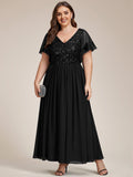 Plus Size A-Line V-Neck Short Sleeve Pleated Sequin Mother of the Bride Dress