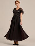 A-Line V-Neck Pleated Chiffon Appliques Short Sleeves Mother of the Bride Dress