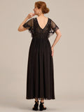 A-Line V-Neck Pleated Chiffon Appliques Short Sleeves Mother of the Bride Dress