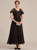 A-Line V-Neck Pleated Chiffon Appliques Short Sleeves Mother of the Bride Dress