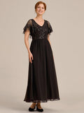 A-Line V-Neck Pleated Chiffon Appliques Short Sleeves Mother of the Bride Dress