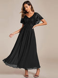 Elegant V-Neck Empire-Waist Sequin A-Line Short Sleeves Chiffon Formal Dress