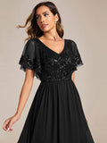 Elegant V-Neck Empire-Waist Sequin A-Line Short Sleeves Chiffon Formal Dress