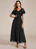 Elegant V-Neck Empire-Waist Sequin A-Line Short Sleeves Chiffon Formal Dress