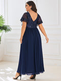 A-Line V-Neck Pleated Chiffon Appliques Short Sleeves Mother of the Bride Dress