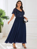 Plus Size A-Line V-Neck Short Sleeve Pleated Sequin Mother of the Bride Dress