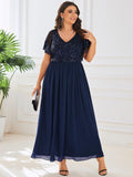 Plus Size A-Line V-Neck Short Sleeve Pleated Sequin Mother of the Bride Dress