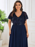 Plus Size A-Line V-Neck Short Sleeve Pleated Sequin Mother of the Bride Dress