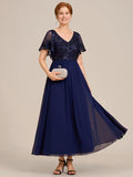 A-Line V-Neck Pleated Chiffon Appliques Short Sleeves Mother of the Bride Dress