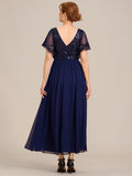 A-Line V-Neck Pleated Chiffon Appliques Short Sleeves Mother of the Bride Dress