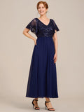 A-Line V-Neck Pleated Chiffon Appliques Short Sleeves Mother of the Bride Dress