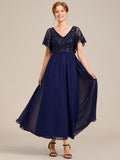 A-Line V-Neck Pleated Chiffon Appliques Short Sleeves Mother of the Bride Dress