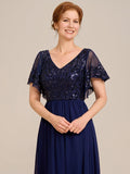 A-Line V-Neck Pleated Chiffon Appliques Short Sleeves Mother of the Bride Dress