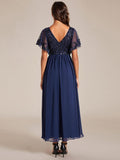 Elegant V-Neck Empire-Waist Sequin A-Line Short Sleeves Chiffon Formal Dress