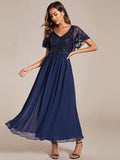 Elegant V-Neck Empire-Waist Sequin A-Line Short Sleeves Chiffon Formal Dress