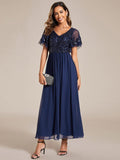 Elegant V-Neck Empire-Waist Sequin A-Line Short Sleeves Chiffon Formal Dress
