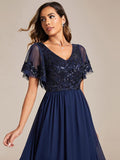 Elegant V-Neck Empire-Waist Sequin A-Line Short Sleeves Chiffon Formal Dress