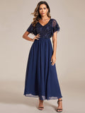 Elegant V-Neck Empire-Waist Sequin A-Line Short Sleeves Chiffon Formal Dress