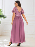 Plus Size A-Line V-Neck Short Sleeve Pleated Sequin Mother of the Bride Dress