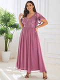 Plus Size A-Line V-Neck Short Sleeve Pleated Sequin Mother of the Bride Dress